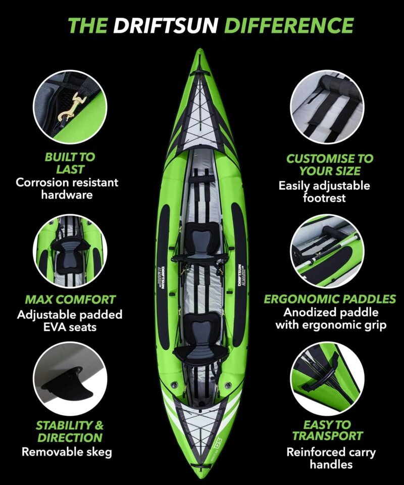 Driftsun Almanor Inflatable Kayak - Inflatable Touring Kayak - 1 & 2 Person Kayaks for Adults with EVA Padded Seats, High Back Support, Paddles, Pump - Image 5