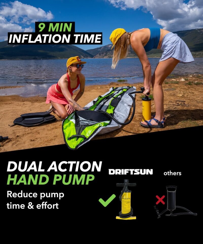 Driftsun Almanor Inflatable Kayak - Inflatable Touring Kayak - 1 & 2 Person Kayaks for Adults with EVA Padded Seats, High Back Support, Paddles, Pump - Image 6